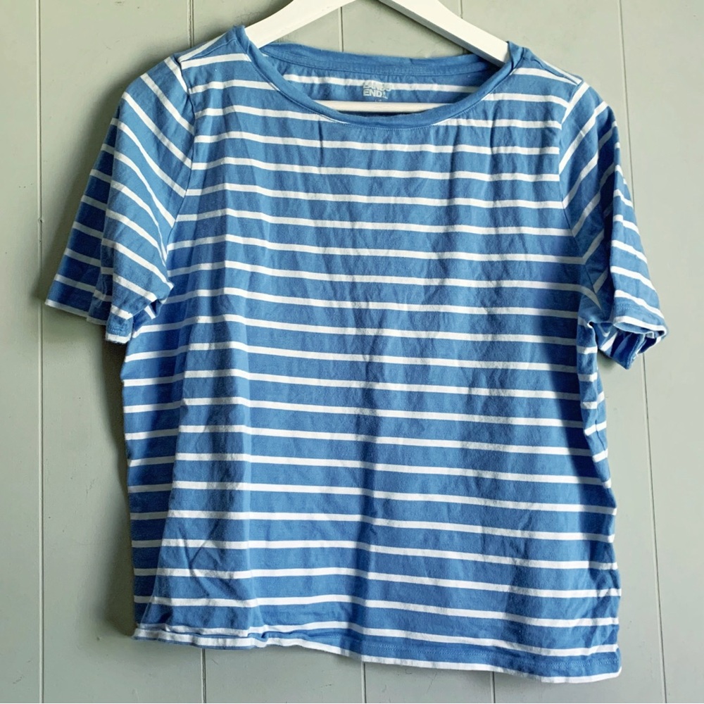 Lands End Blue Stripe Boxy Semi Crop Tee L